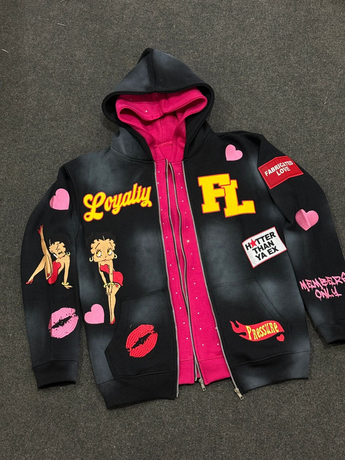 FABRICATED LOVE “ALL SHE WANT IS LOYALTY” ZIP UP HOODIES