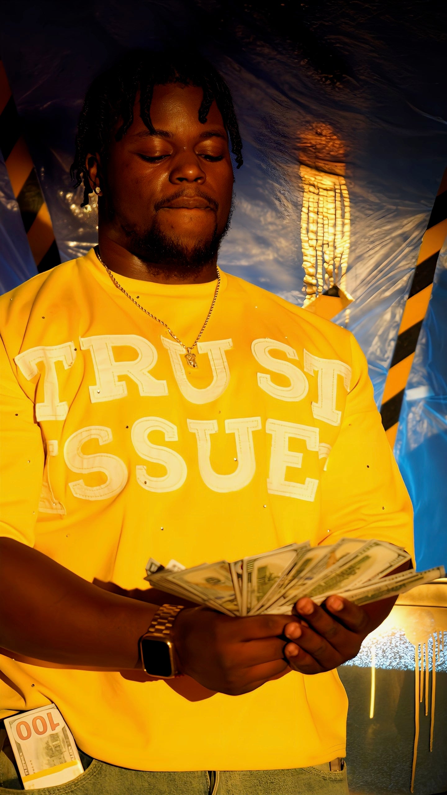 FABRICATED LOVE YELLOW “TRUST ISSUES” Drop shoulder cropped rhinestone Tee