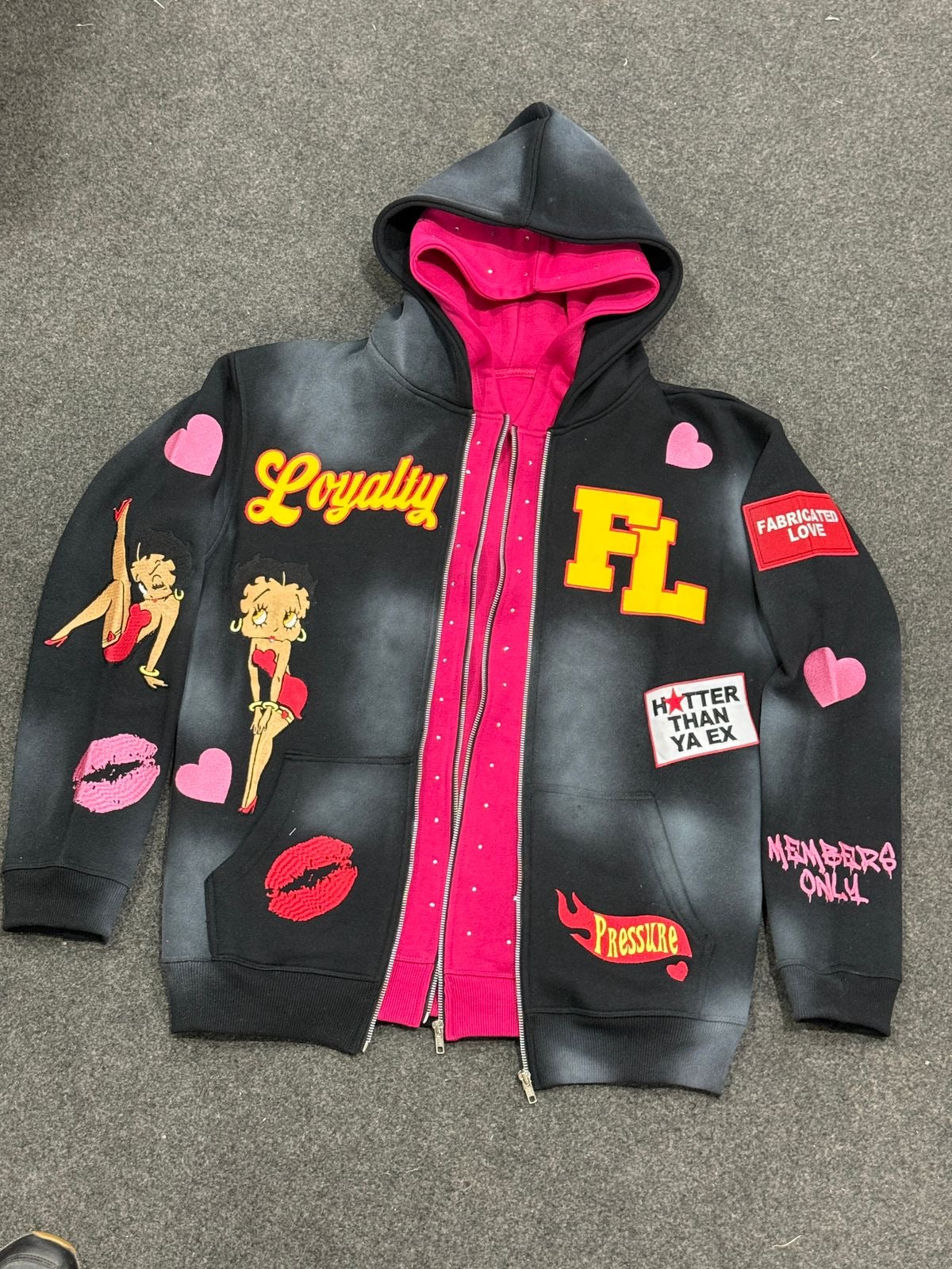 FABRICATED LOVE “ALL SHE WANT IS LOYALTY” ZIP UP HOODIES