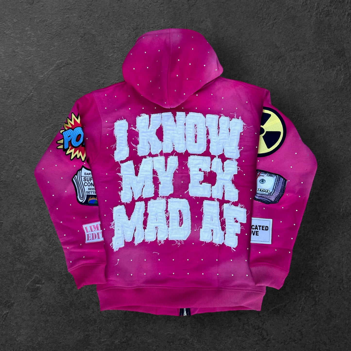 FABRICATED LOVE  “I KNOW MY EX MAD AF” PINK ZIP-UP HOODIE