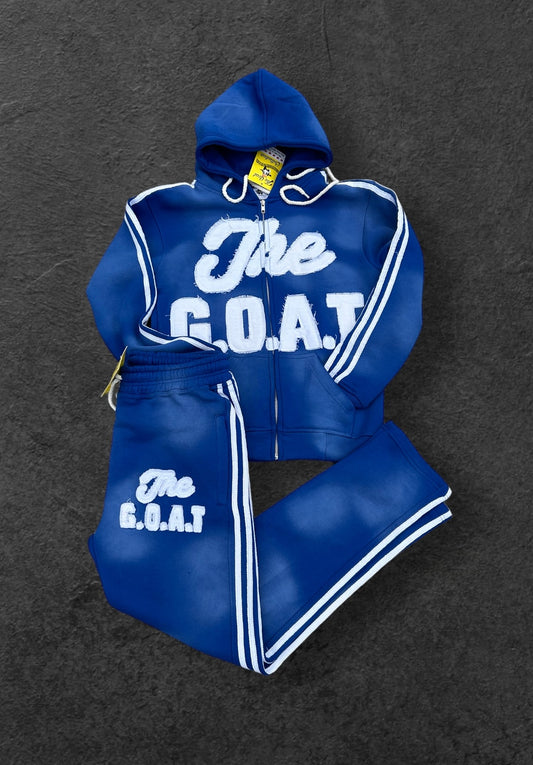 BLUE & WHITE THE G.O.A.T DISTRESSED SUN FADE ZIPUP HOODIE SETS.