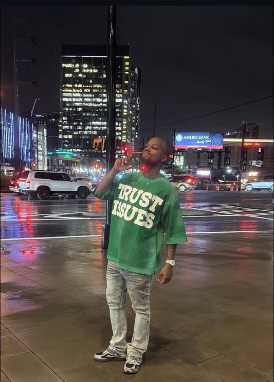 FABRICATED LOVE GREEN & WHITE
 “TRUST ISSUES” DROP SHOULD RHINESTONE TEE.