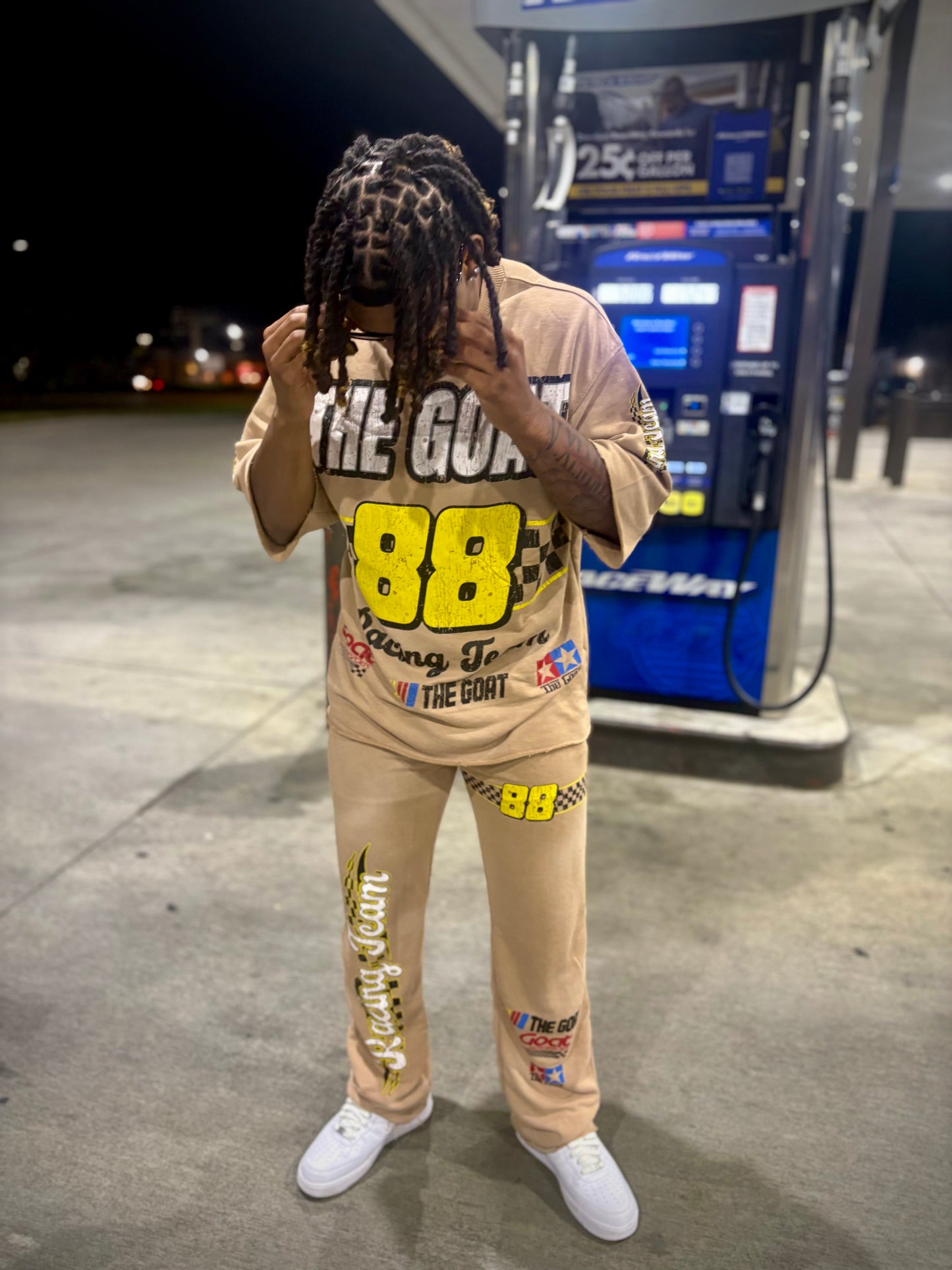THE GOAT “NASCAR RACING TEAM” BEIGE/YELLOW/WHITE JOGGER SET.
