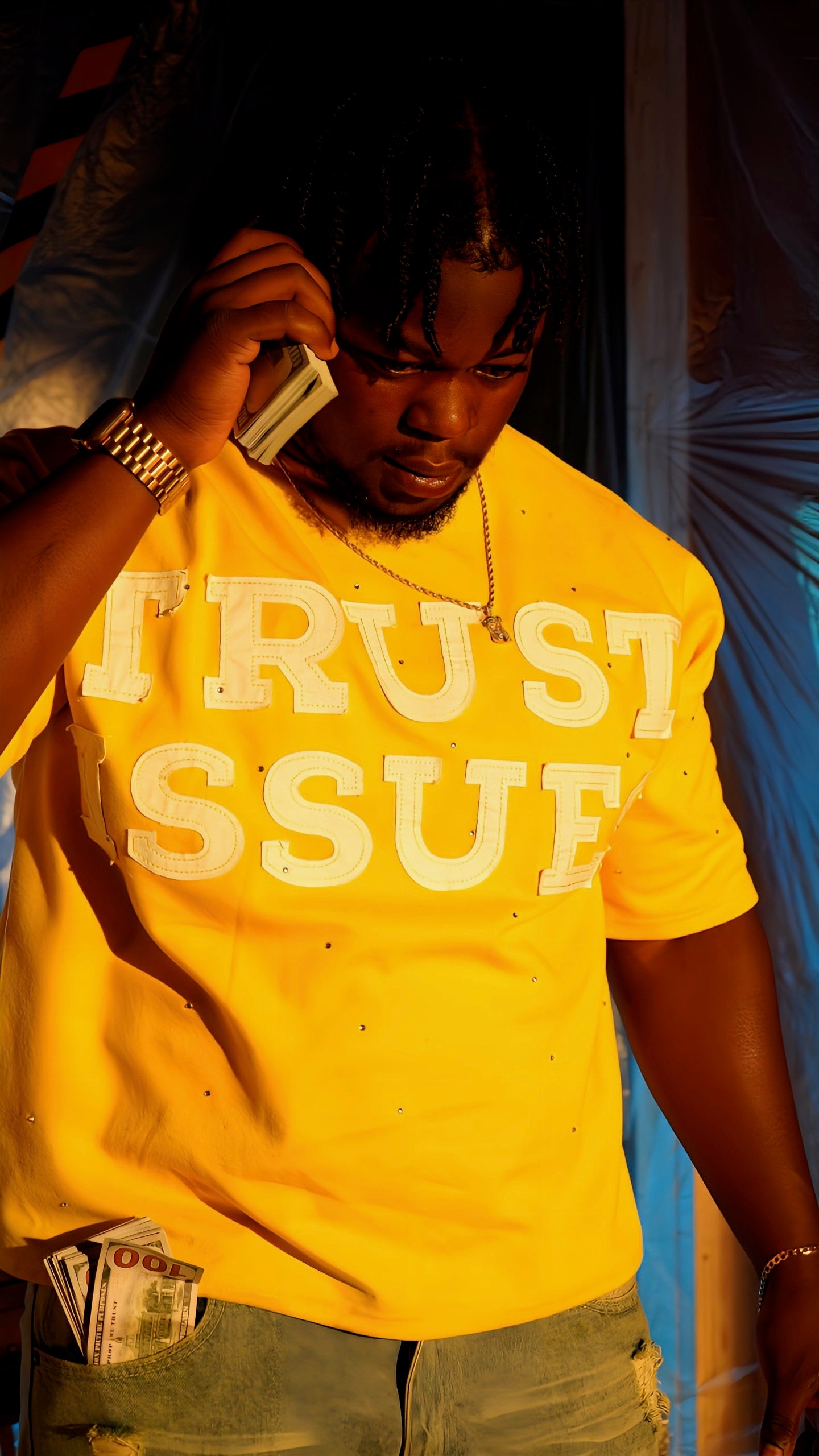 FABRICATED LOVE YELLOW “TRUST ISSUES” Drop shoulder cropped rhinestone Tee