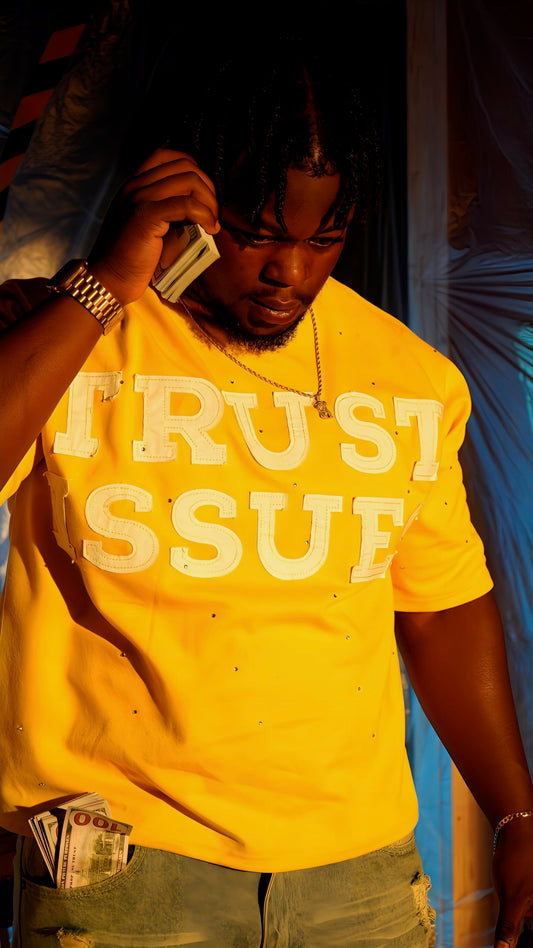 FABRICATED LOVE YELLOW “TRUST ISSUES” Drop shoulder cropped rhinestone Tee