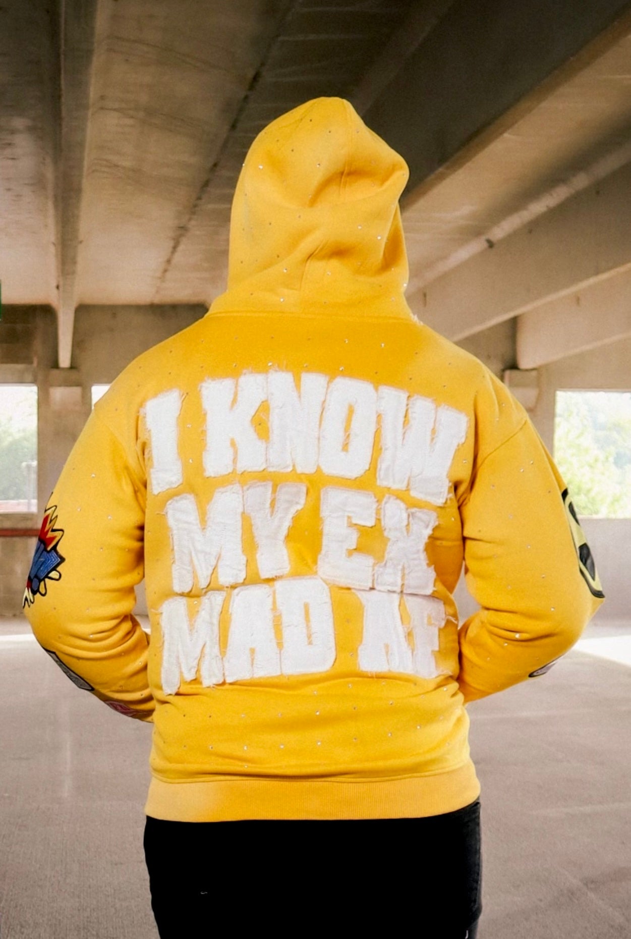 FABRICATED LOVE  “I KNOW MY EX MAD AF” YELLOW ZIP-UP HOODIE