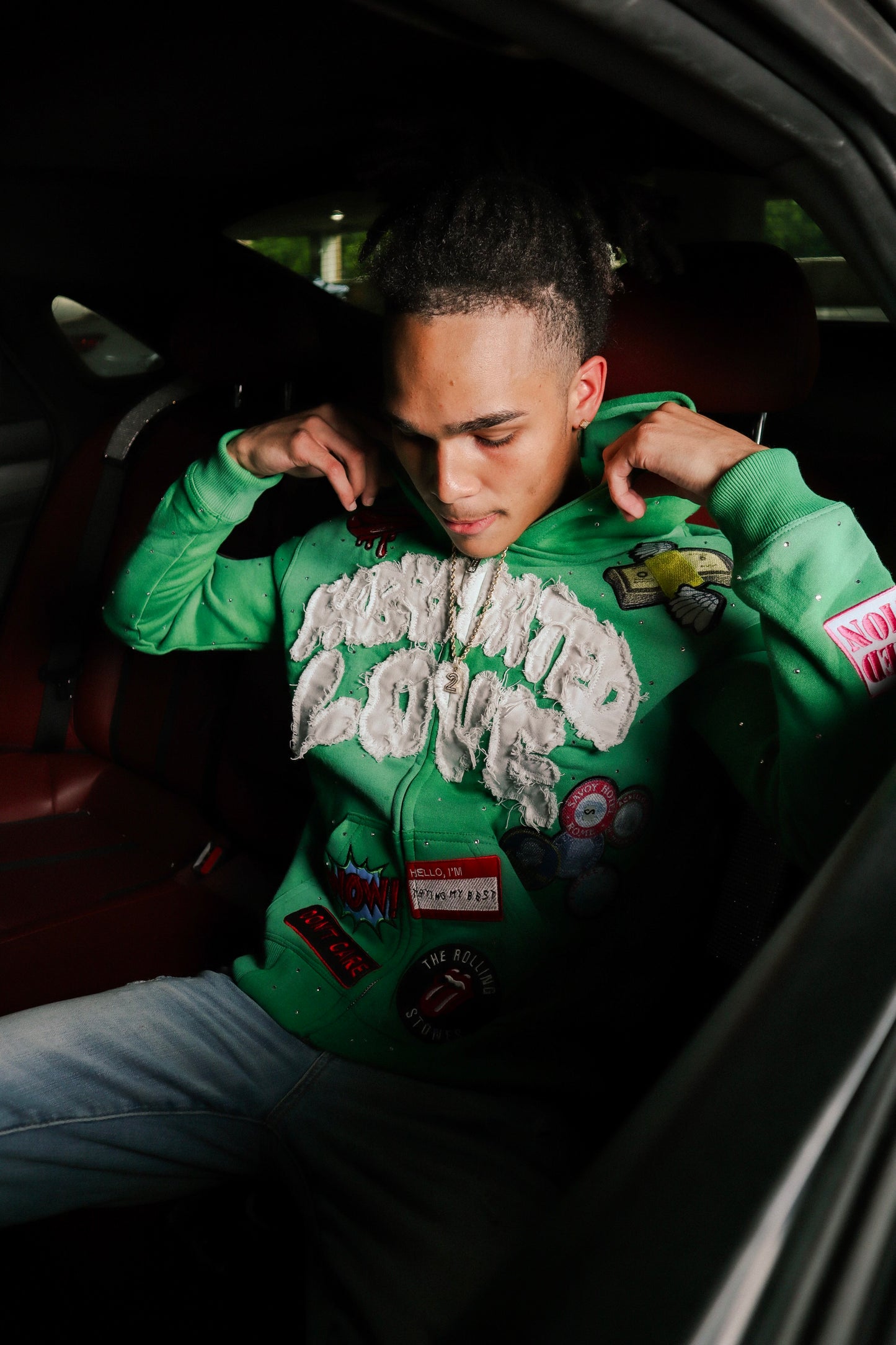 FABRICATED LOVE  “I KNOW MY EX MAD AF” GREEN ZIP-UP HOODIE