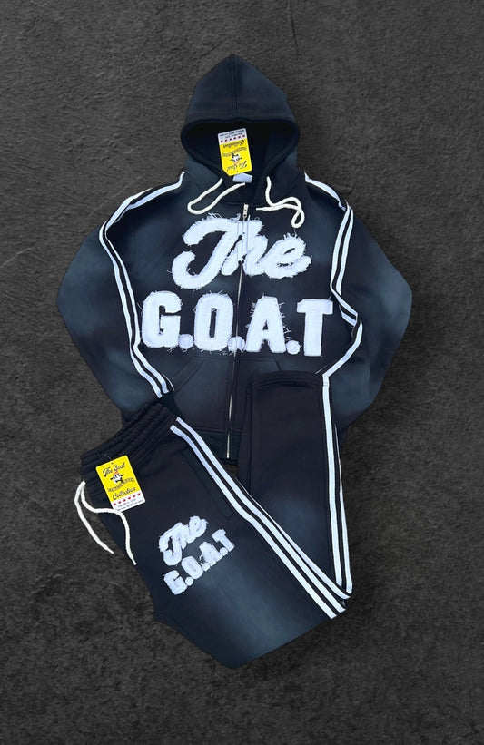BLACK & WHITE THE G.O.A.T DISTRESSED SUN FADE ZIPUP HOODIE SETS.