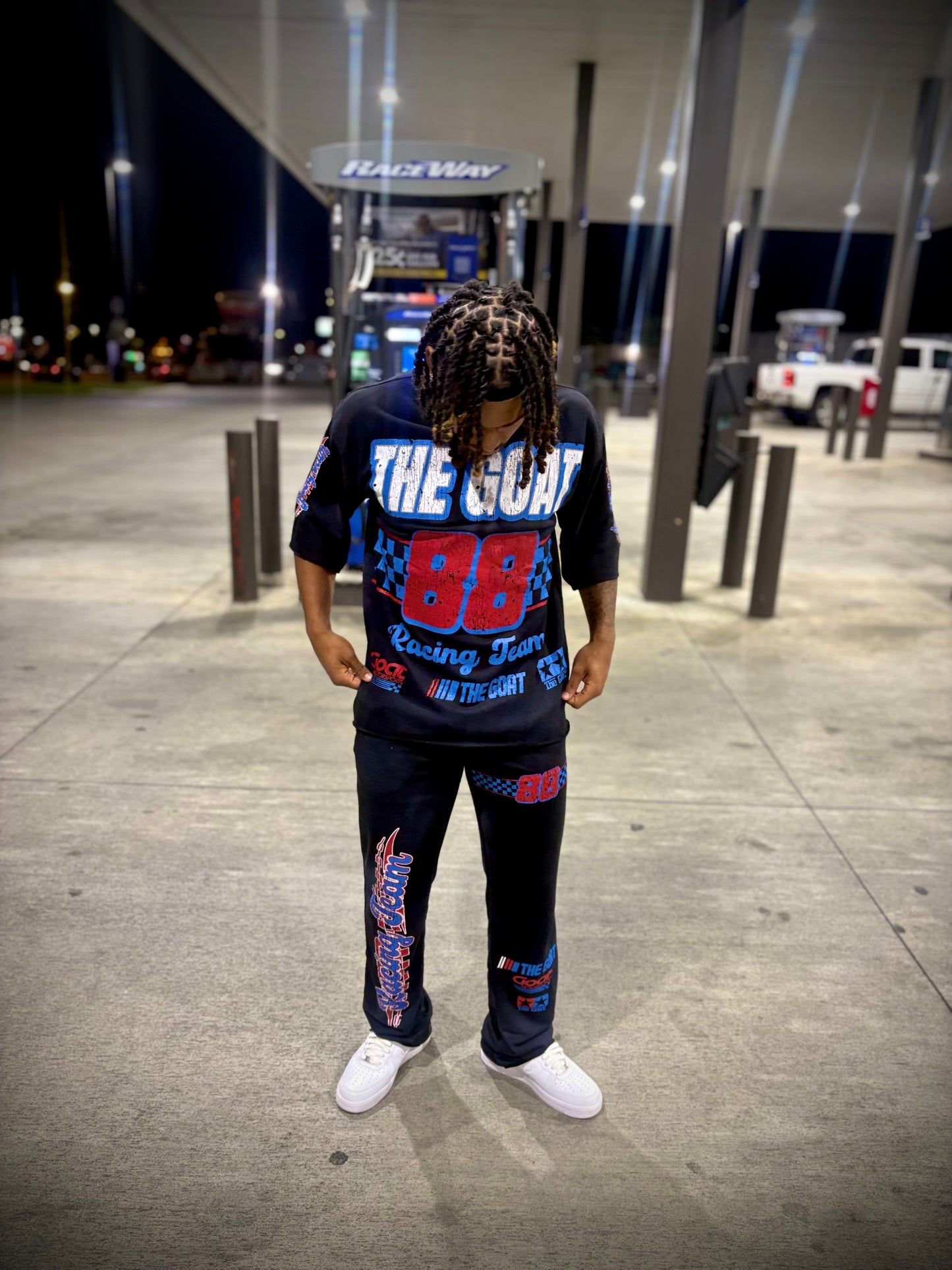 THE GOAT “NASCAR RACING TEAM”BLACE/RED/BLUE JOGGER SET.
