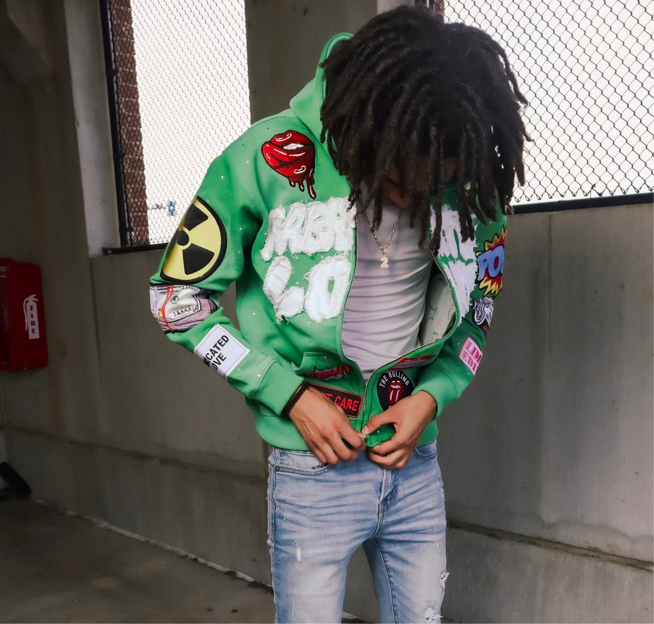 FABRICATED LOVE  “I KNOW MY EX MAD AF” GREEN ZIP-UP HOODIE