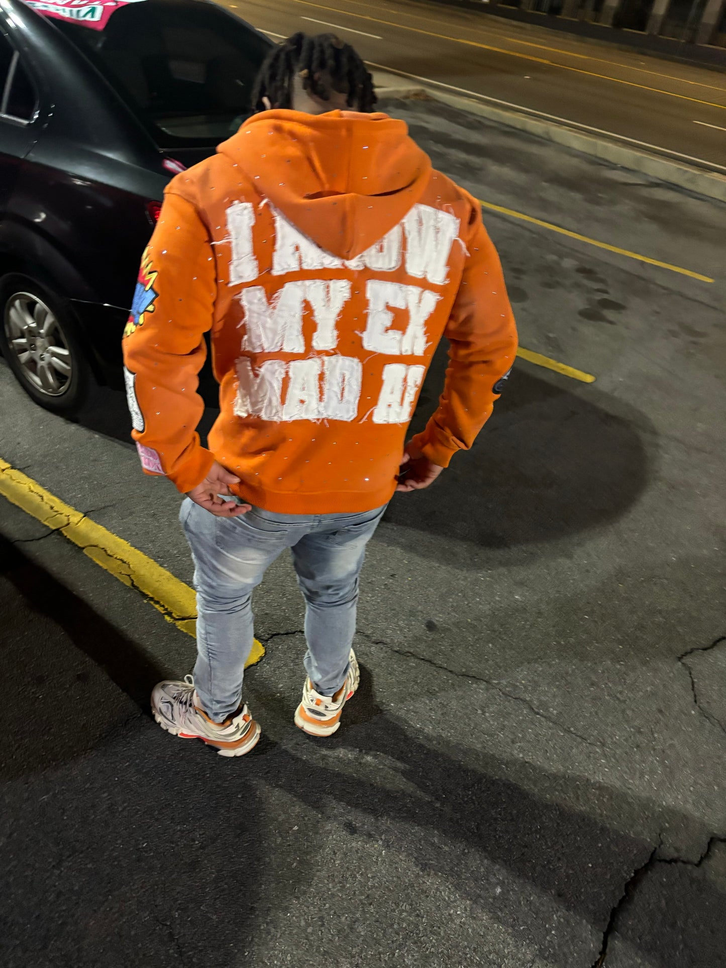 FABRICATED LOVE  “I KNOW MY EX MAD AF” ORANGE ZIP-UP HOODIE