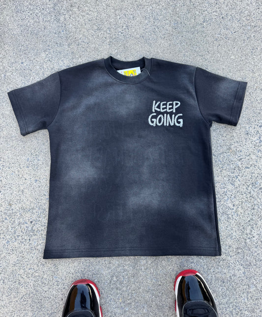 THE GOAT “KEEP GOING” MOTIVATIONAL BLACK ACID WASH T SHIRT