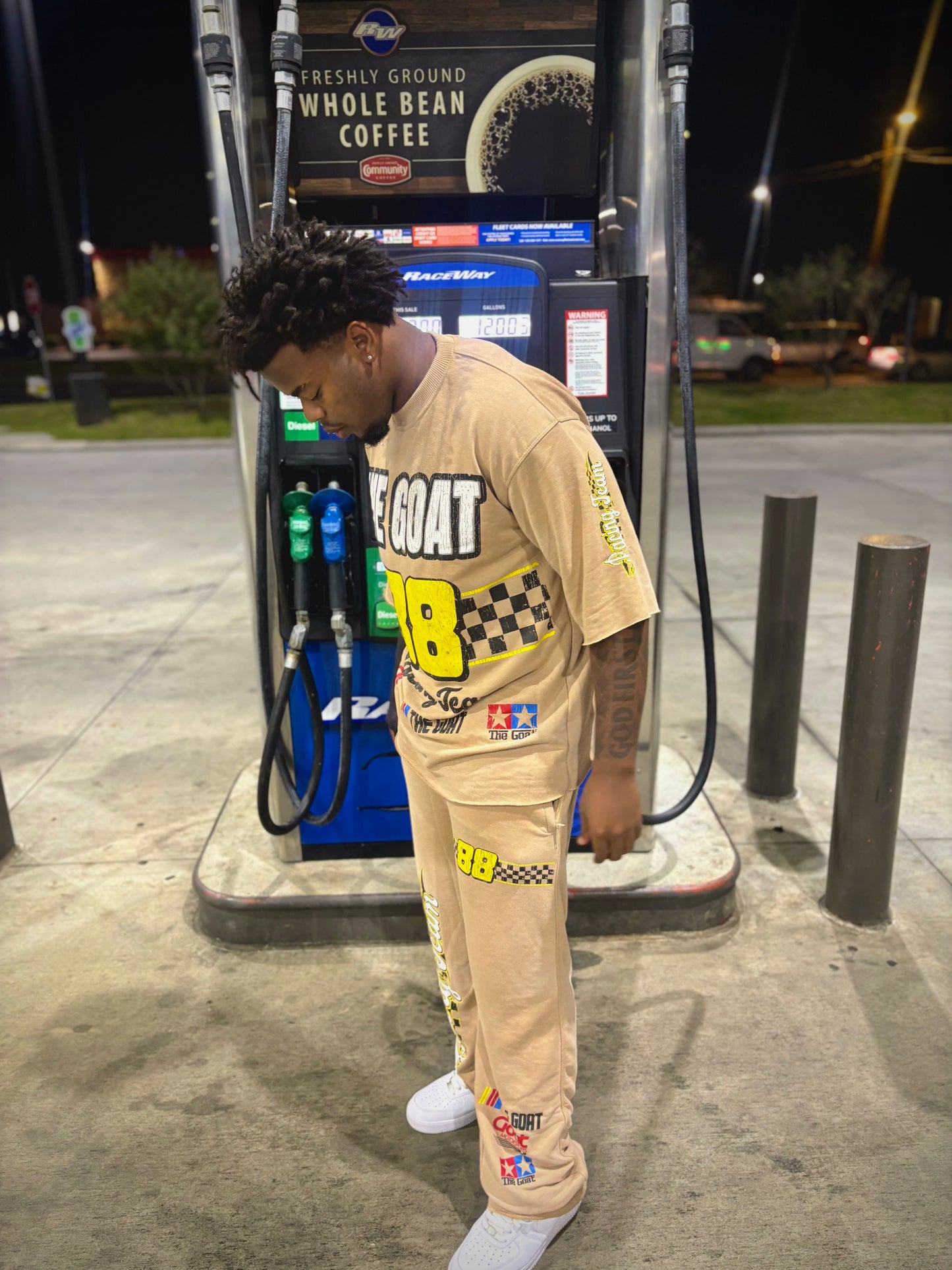 THE GOAT “NASCAR RACING TEAM” BEIGE/YELLOW/WHITE JOGGER SET.