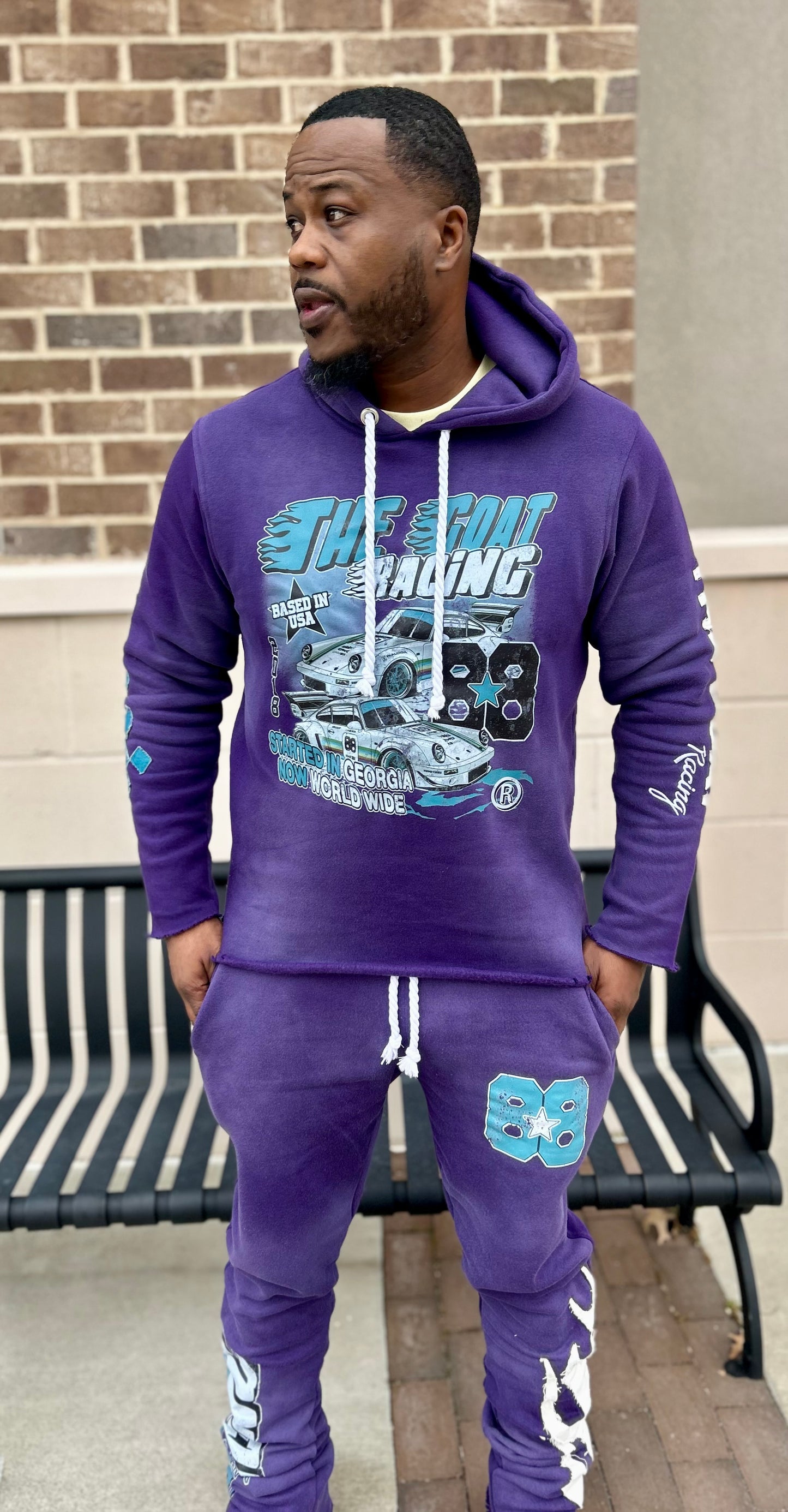 The G.O.A.T “RACING 2 THE MONEY” PURPLE/WHITE/TEAL Hoodie & Jogger set