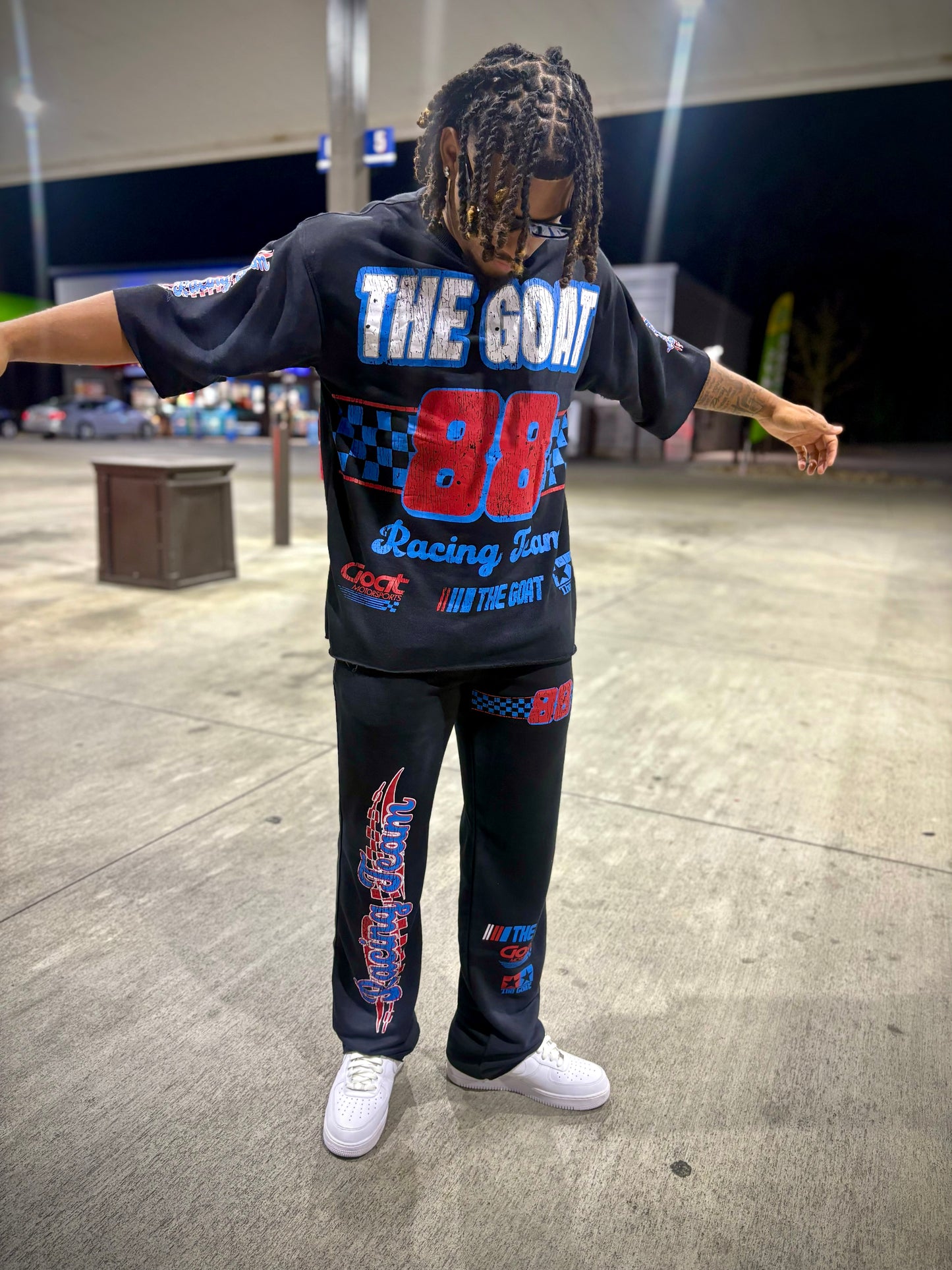 THE GOAT “NASCAR RACING TEAM”BLACE/RED/BLUE JOGGER SET.