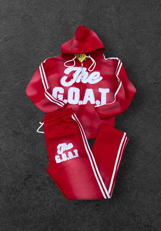 RED & WHITE THE G.O.A.T DISTRESSED SUN FADE ZIPUP HOODIE SETS.