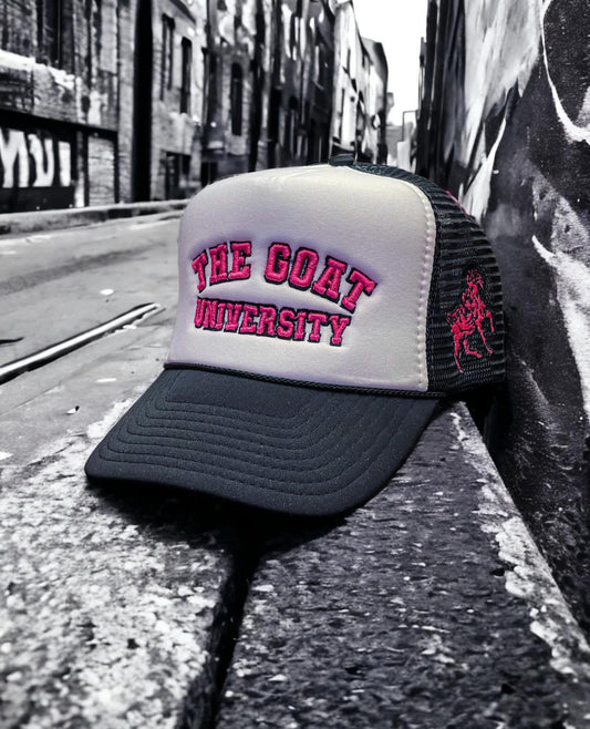 “THE GOAT UNIVERSITY” BLACK/WHITE/PINK 3D EMBROIDERY TRUCKER HAT