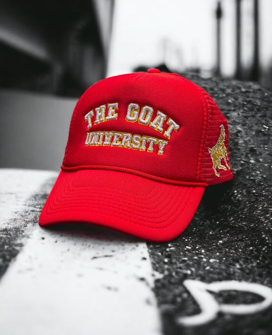 “THE GOAT UNIVERSITY” RED/WHITE/YELLOW  3D EMBROIDERY TRUCKER HAT