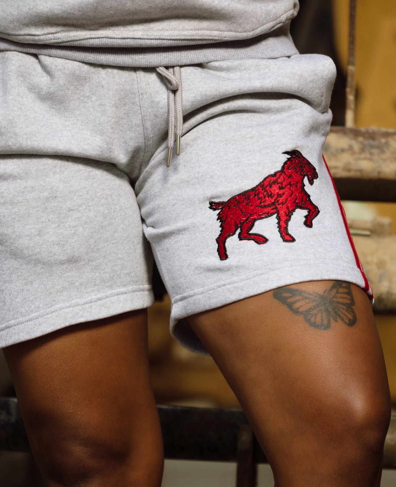 Big Goat Gray & Red Short Sleeve Hoodie with Big Goat Shorts.