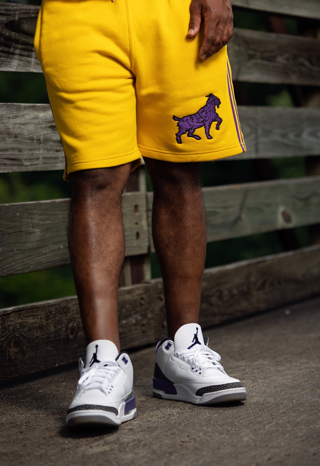 Big Goat Yellow & Purple Short Sleeve Hoodie with Big Goat Shorts.