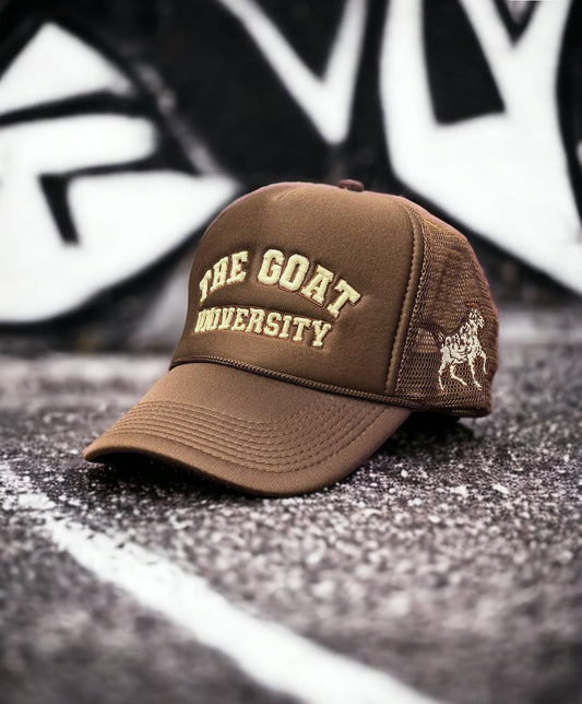 “THE GOAT UNIVERSITY” BROWN/TAN 3D EMBROIDERY TRUCKER HAT