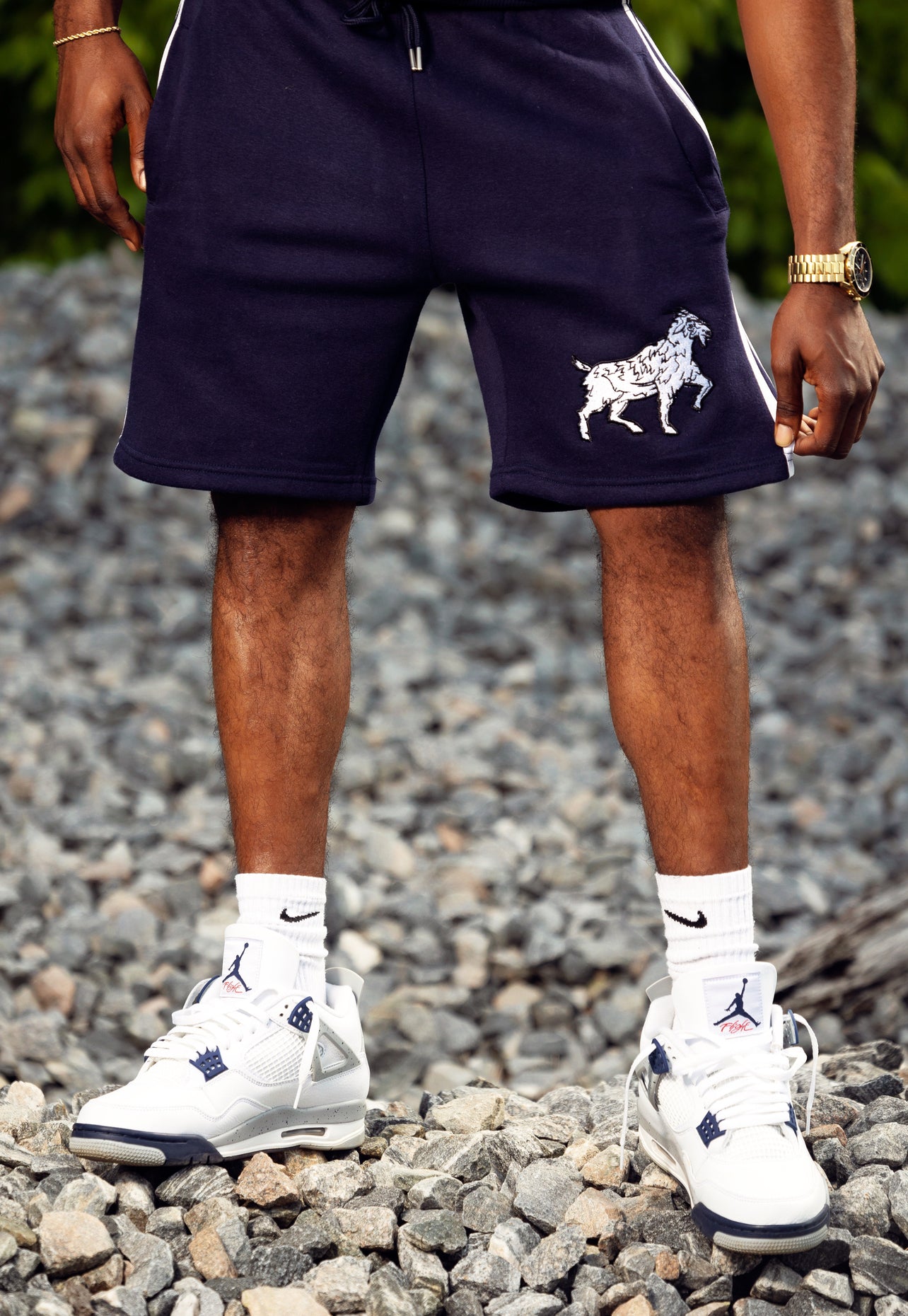 Big Goat  Navy Blue & White Short Sleeve Hoodie with Big Goat Shorts.