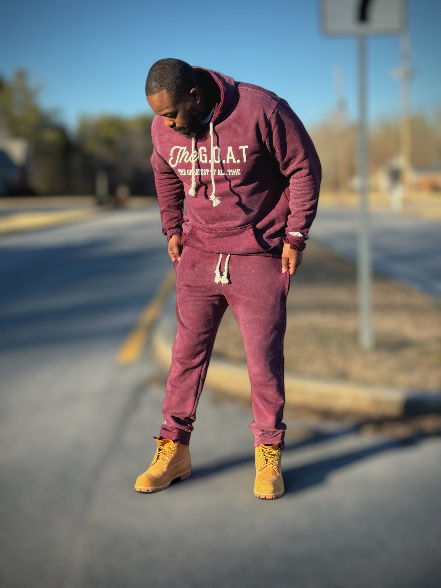 The G.O.A.T Signature Burgundy Hoodie jogger set.