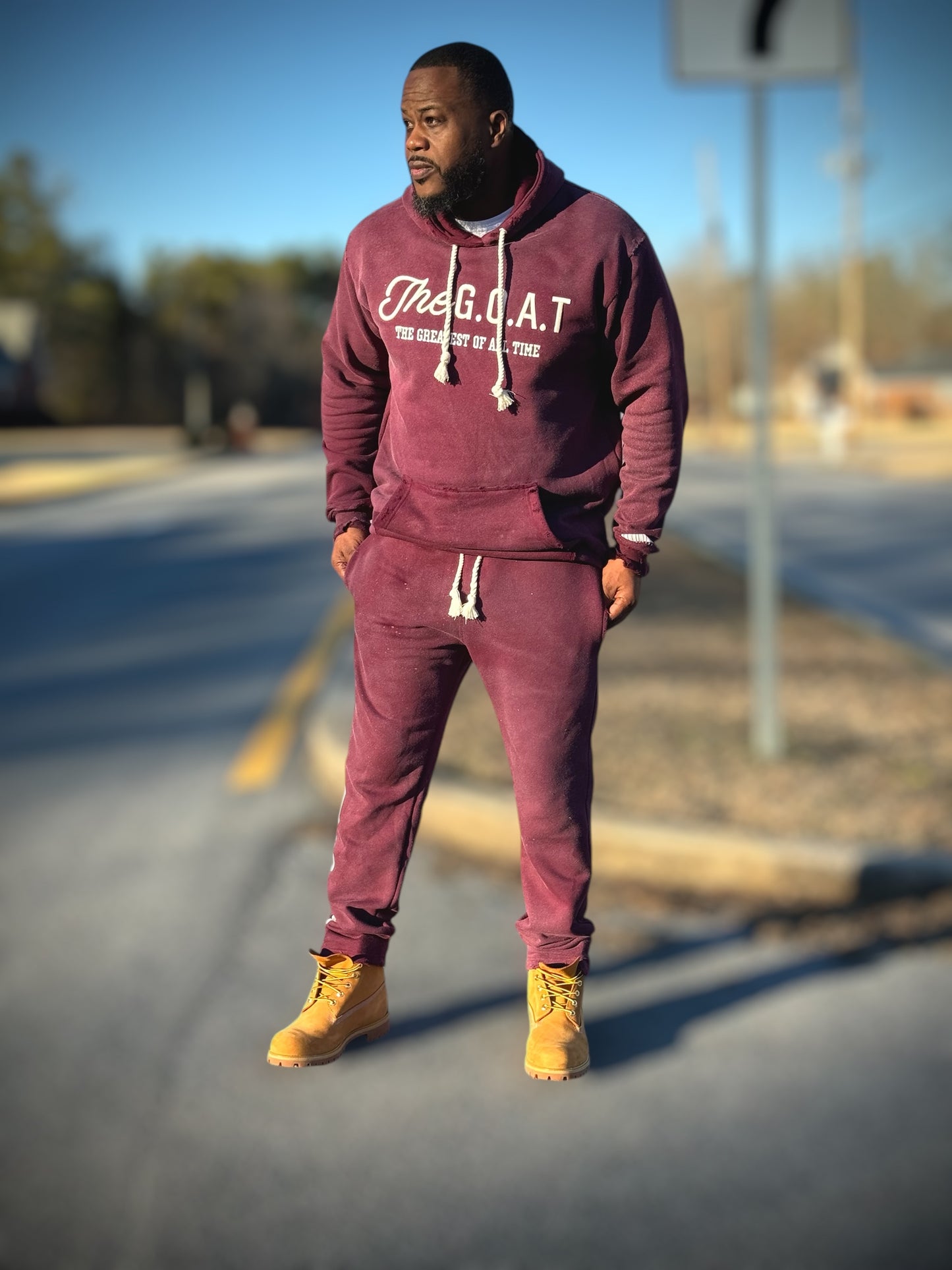 The G.O.A.T Signature Burgundy Hoodie jogger set.