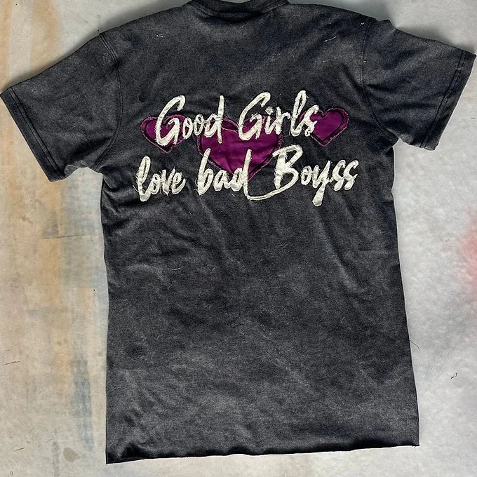 EMOTIONS “Good Girls Love Bad Boyss” Acid Wash distressed tshirt