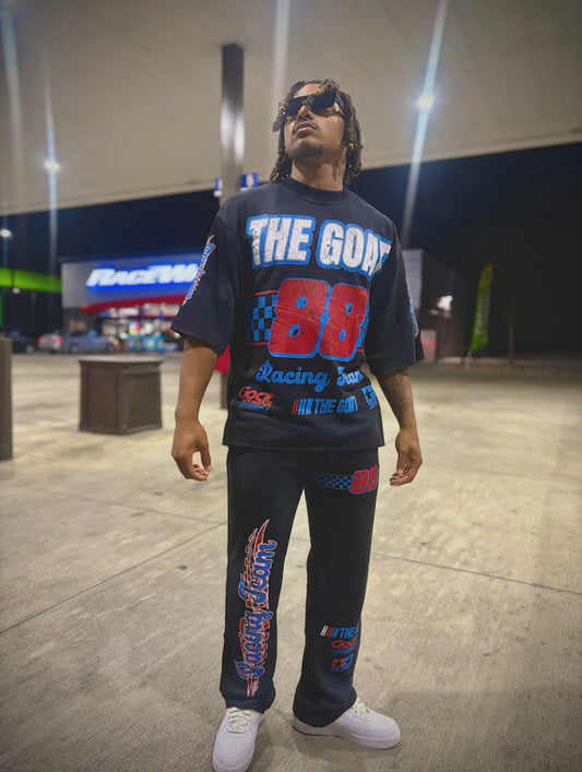 THE GOAT “NASCAR RACING TEAM”BLACE/RED/BLUE JOGGER SET.
